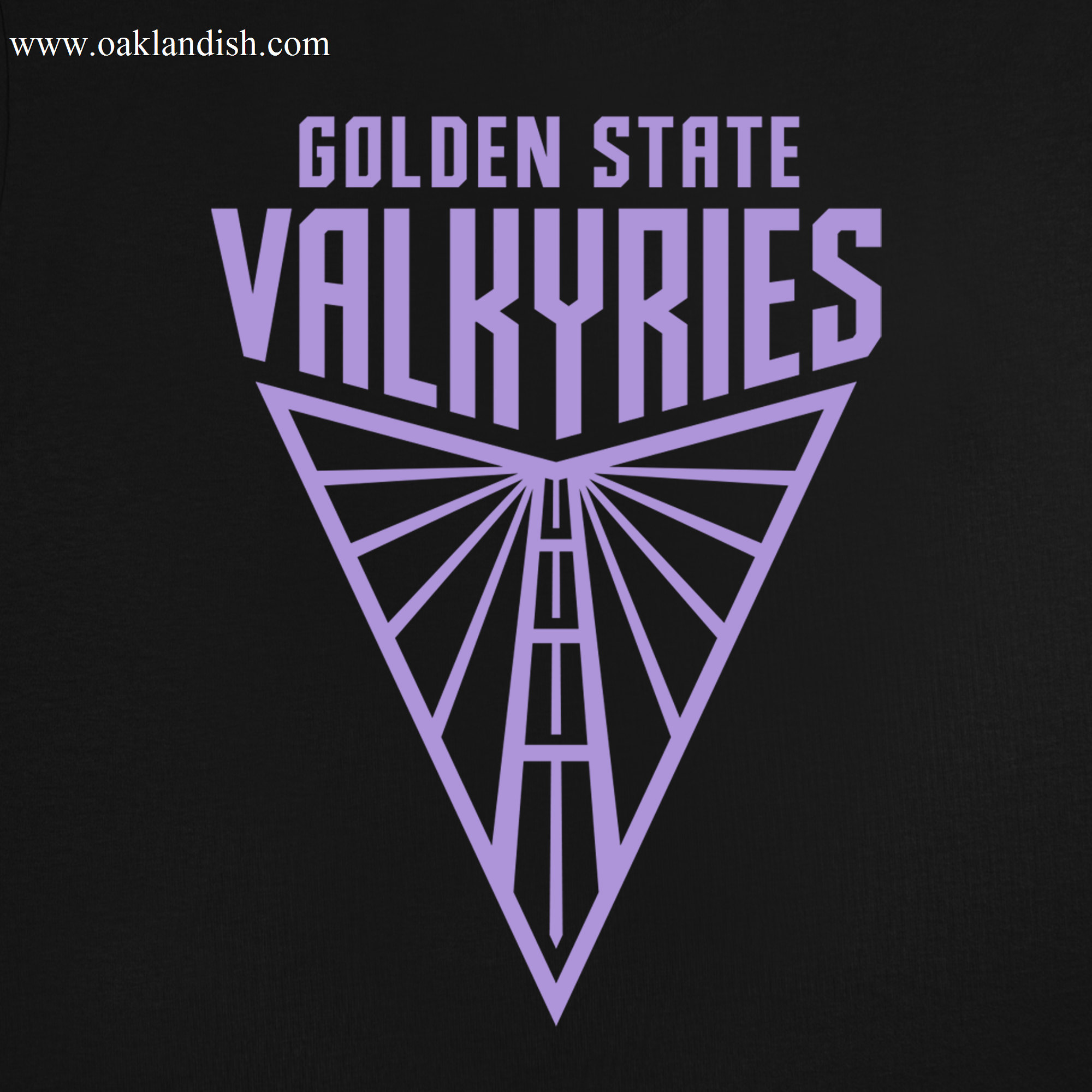 The "Golden State Valkyries Primary Tee" by GSV features a purple triangular logo with the "Golden State Valkyries" in bold uppercase letters on a classic fit shirt. The design includes a stylized geometric wing pattern extending from a central vertical line and is made from 100% cotton, with the black background accentuating the light purple logo and text.