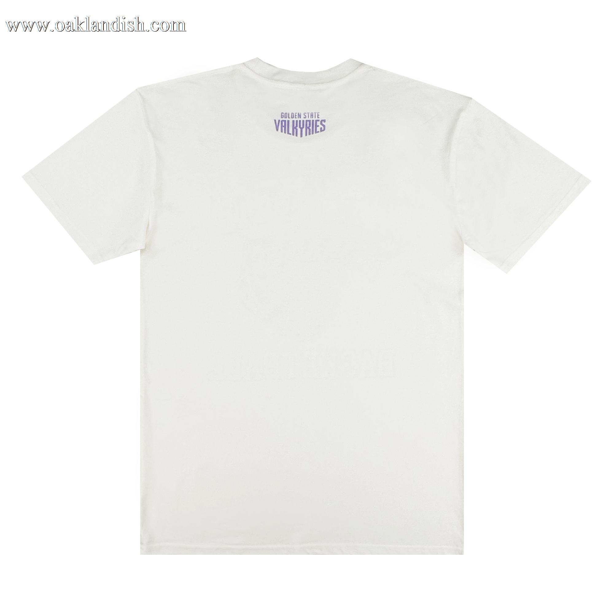 The back of the GSV Golden State Valkyries Rec League Tee features “Golden State Valkyries” in small purple uppercase letters and a simple shield near the neck on an otherwise plain, heavy white organic cotton shirt.