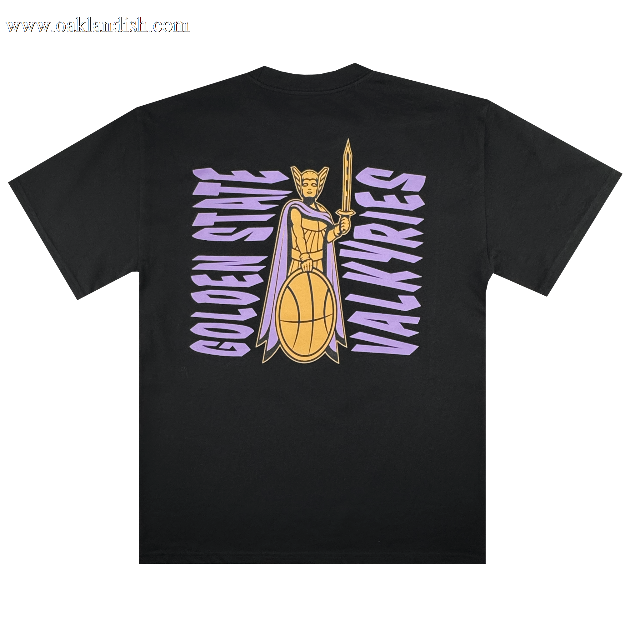 The GSV Golden State Valkyries Renowned Heavy Tee is a black cotton shirt with a bold back graphic of a stylized warrior holding a basketball-shaped shield and spear, plus "Golden State Valkyries" in purple text along each side.