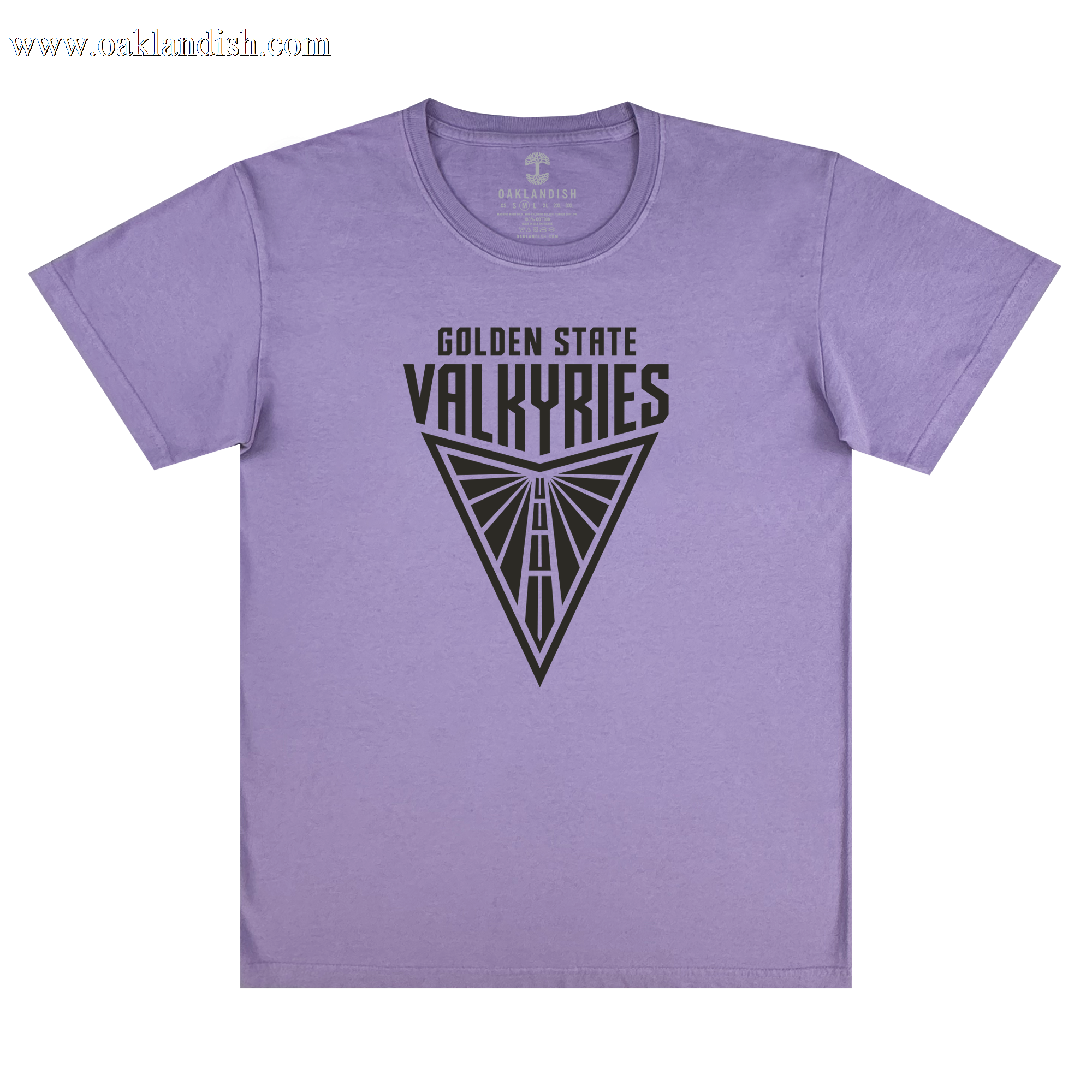 The GSV Golden State Valkyries Primary Premium Tee is a lavender, 100% cotton classic fit t-shirt featuring a black triangular emblem and "GOLDEN STATE VALKYRIES" above a stylized winged design inspired by the basketball team.