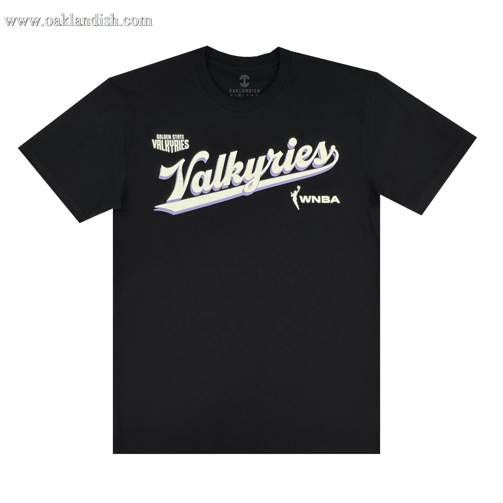 The GSV Golden State Valkyries Retro Script Tee is made from organic cotton and showcases “Valkyries” in bold white script with a lavender underline, plus “Golden State VALKYRIES” and the WNBA logo in crisp white.