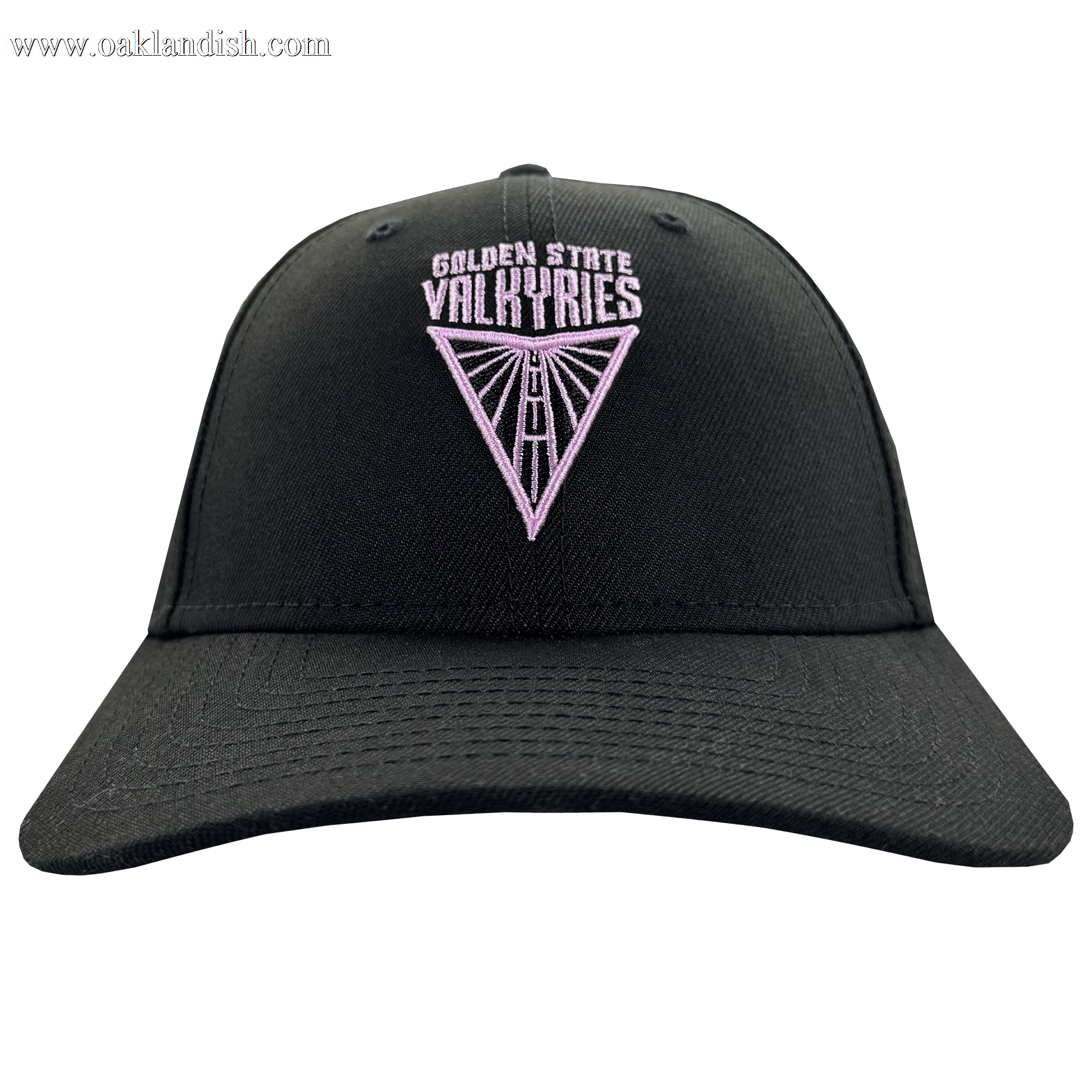 The GSV Logo 9FORTY Snapback by GSV is a black baseball cap with a curved brim, featuring "GOLDEN STATE VALKYRIES" and a purple geometric triangular logo embroidered on the front. The background is plain white.