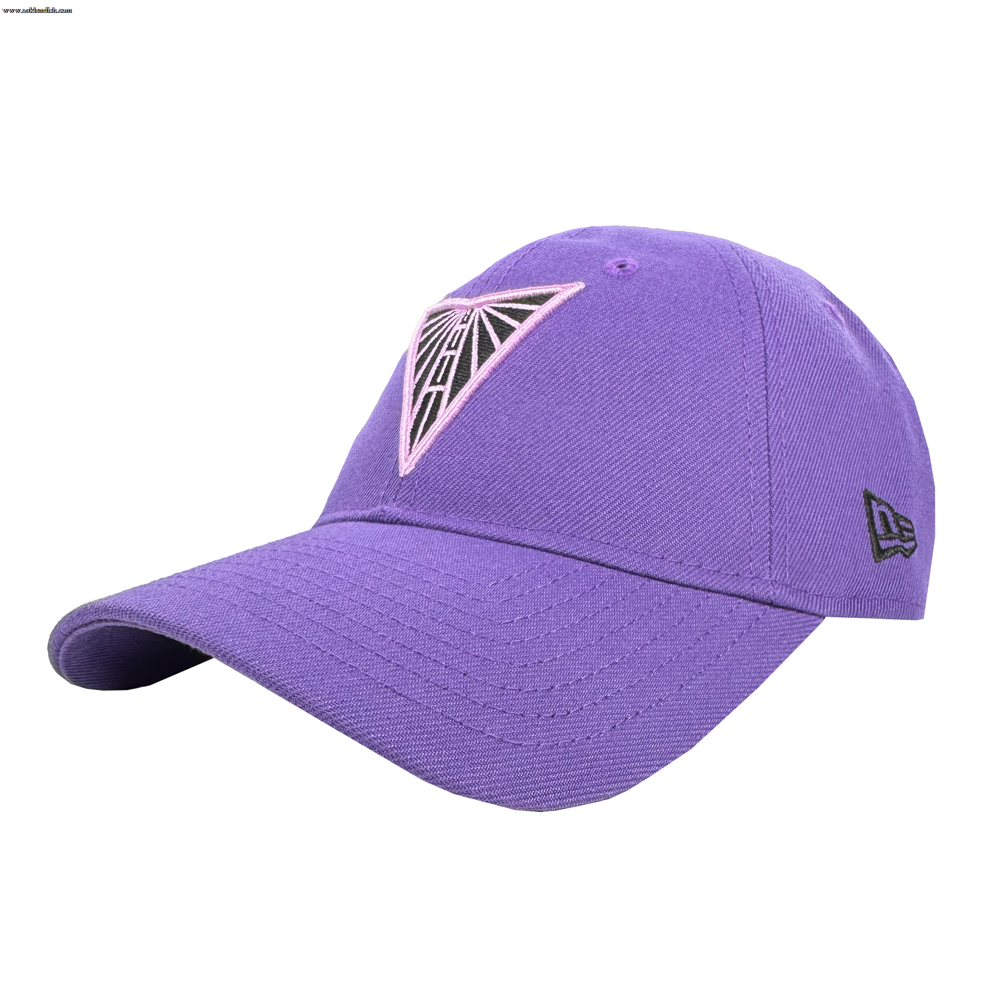 The GSV 9TWENTY Dad hat by GSV features a purple design with a curved brim, a geometric triangular patch with black and light pink lines on the front, a small black embroidered side logo, and an adjustable strap for comfort.