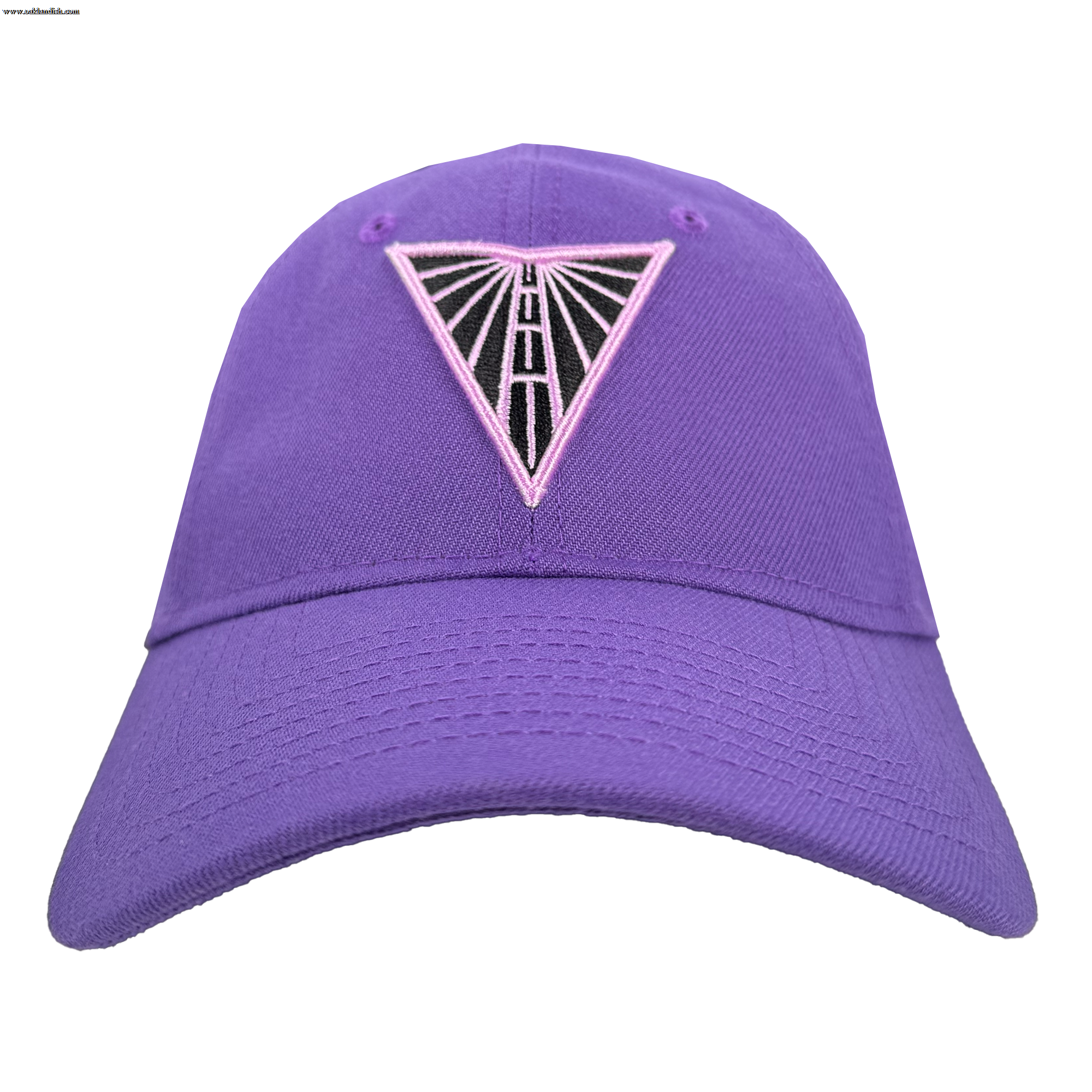 The GSV 9TWENTY dad hat by GSV is purple with a curved brim, featuring a triangular front emblem outlined in pink with black and white geometry. An adjustable strap offers comfort—ideal for Golden State Valkyries fans.