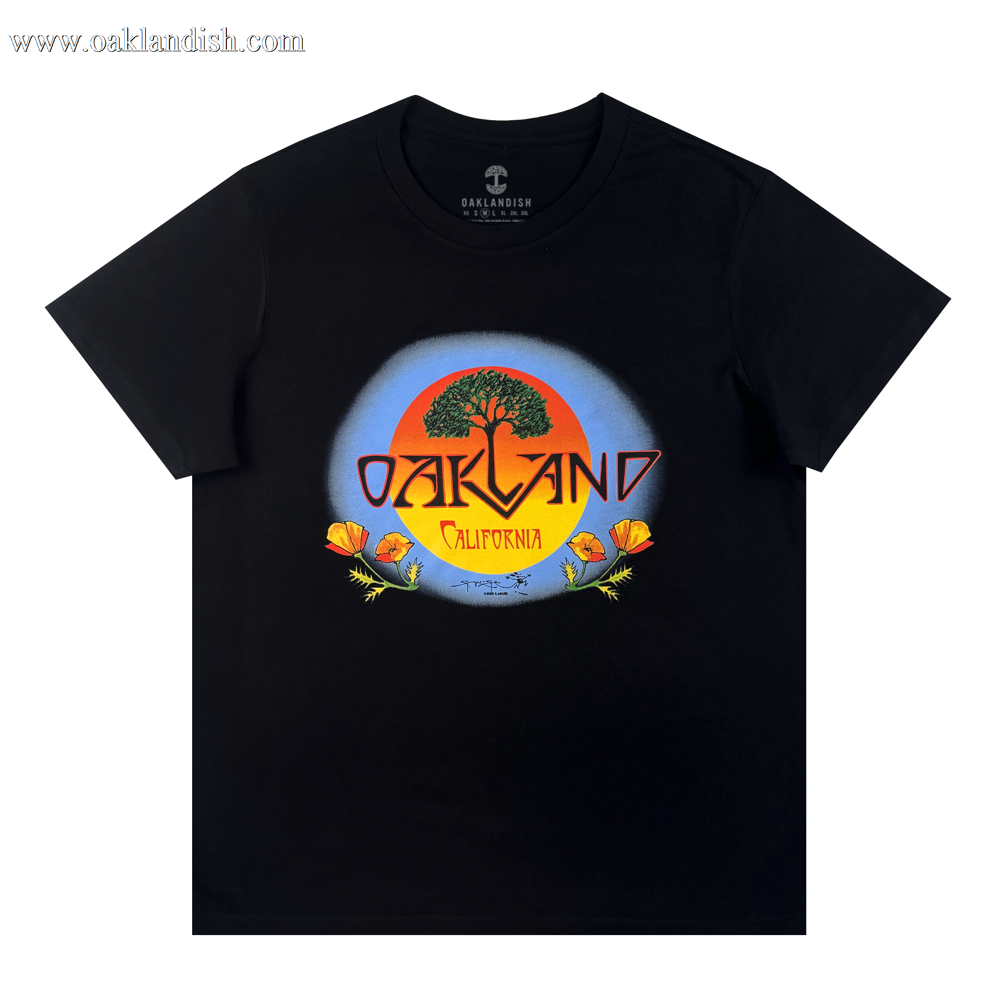 The Oaklandish Women's Vanguard Tee is a cotton t-shirt with a bold tree, orange sun, and poppy flowers graphic. "Oakland" stands over "California" in yellow inside a blue circle, inspired by Stanley Mouse art.