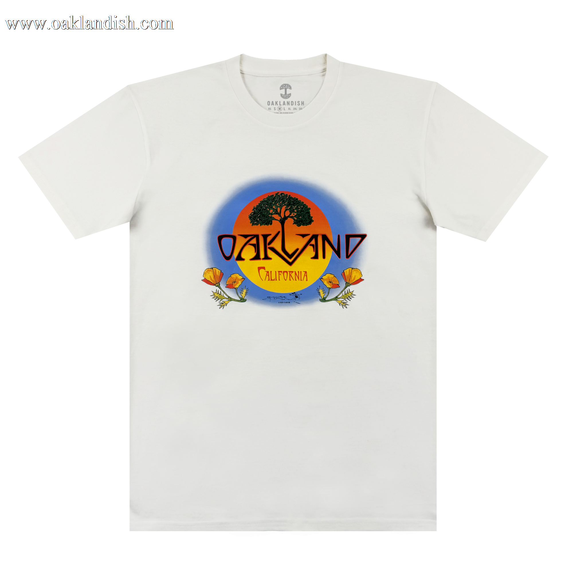 The Oaklandish Vanguard Tee is a white classic fit with an oak tree and sunset graphic. “OAKLAND” in bold yellow sits above “California,” with two orange poppies at the base. Inspired by Stanley Mouse.