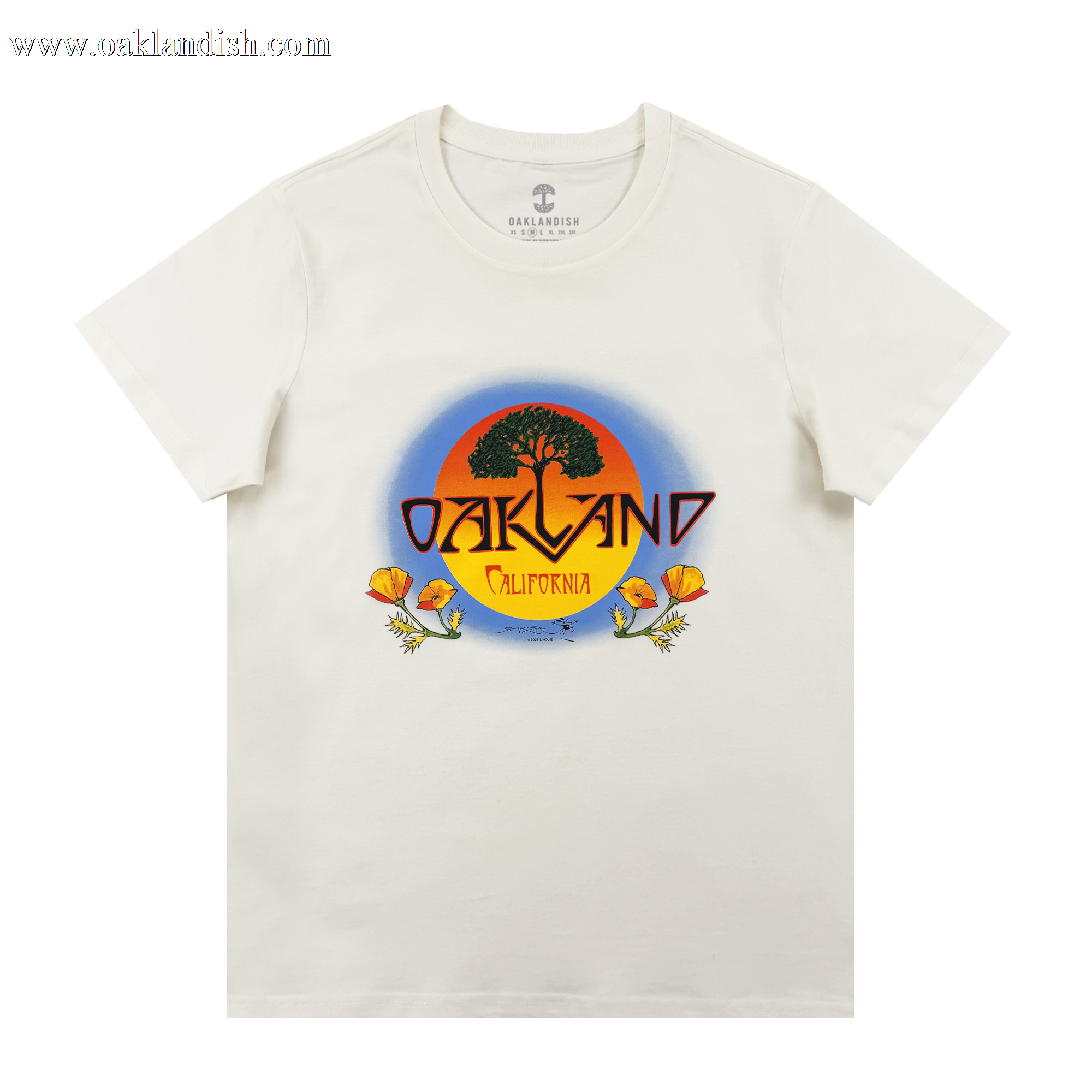 The Oaklandish Women's Vanguard Tee is a classic fit featuring a round sunset graphic with a black tree, bold "OAKLAND," "California" below, and orange poppies framing the border.