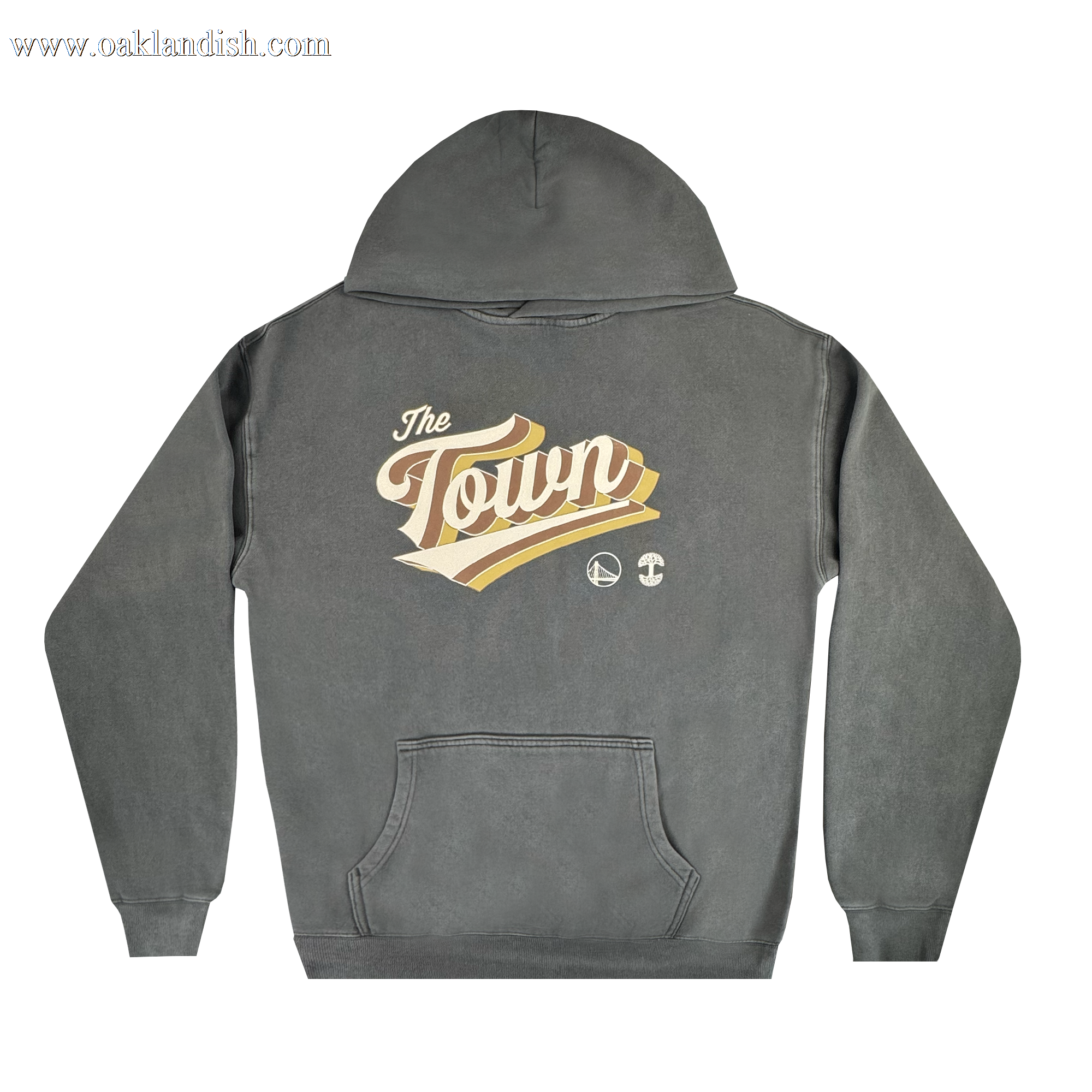 Introducing the Vintage Swash Hoodie by Other, a faded black pullover with a hood and front pocket from the exclusive Town Collection. The back showcases “The Town” in bold retro script accented by gold and cream swooshes, along with two small circular logos beneath—a tribute to the distinct Warriors x Oaklandish collaboration. This hoodie features a vintage, worn-in look for added style.