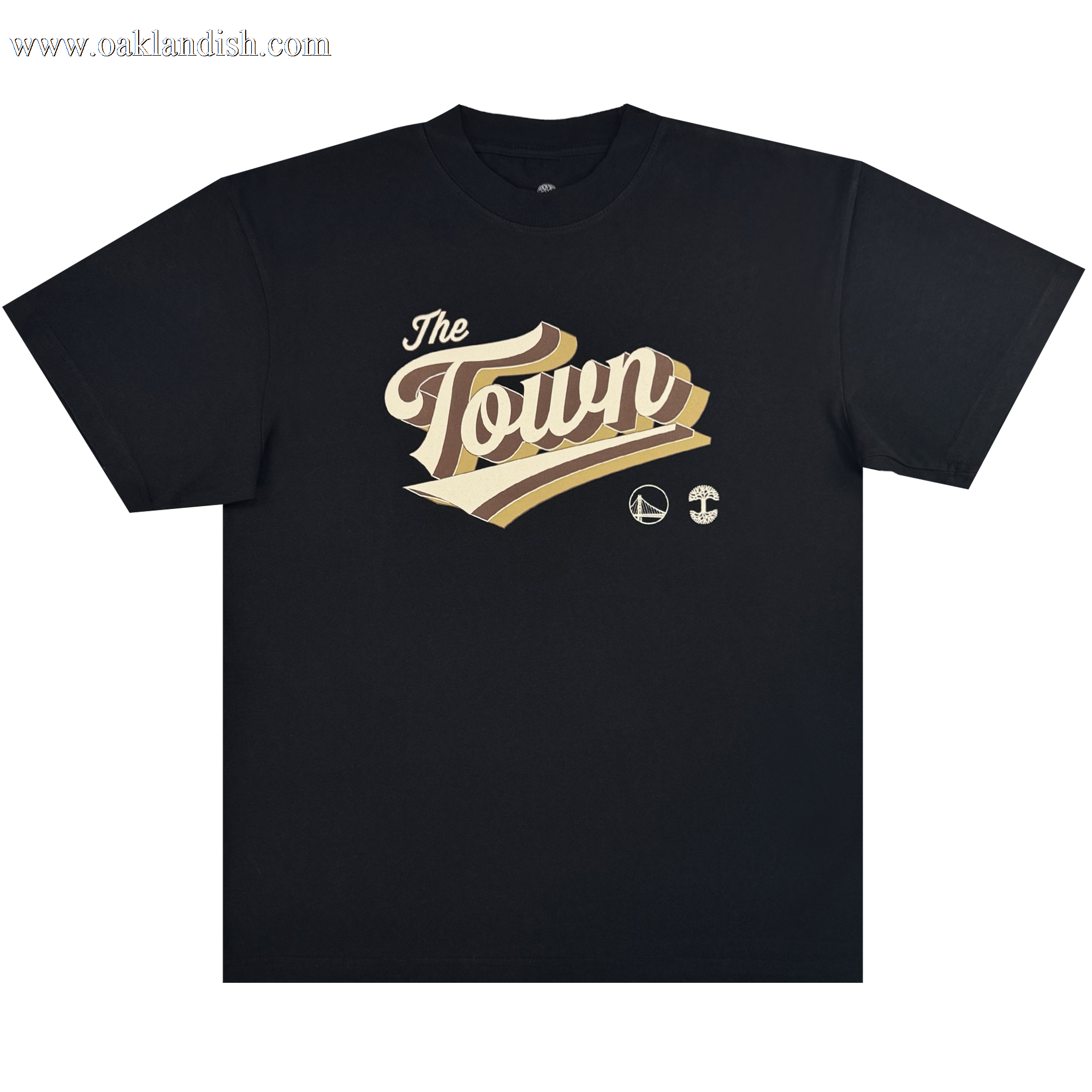 The Vintage Swash Tee by Other features a bold, stylized beige and gold “The Town” script across the front of its classic black fabric. Beneath the lettering sit two subtle logos—a basketball icon and a circular emblem—signifying its connection to heritage. This exclusive short-sleeve crewneck, part of the limited Town Collection, is designed for fans eager to celebrate the celebrated legacy of every Warriors x Oaklandish collaboration.