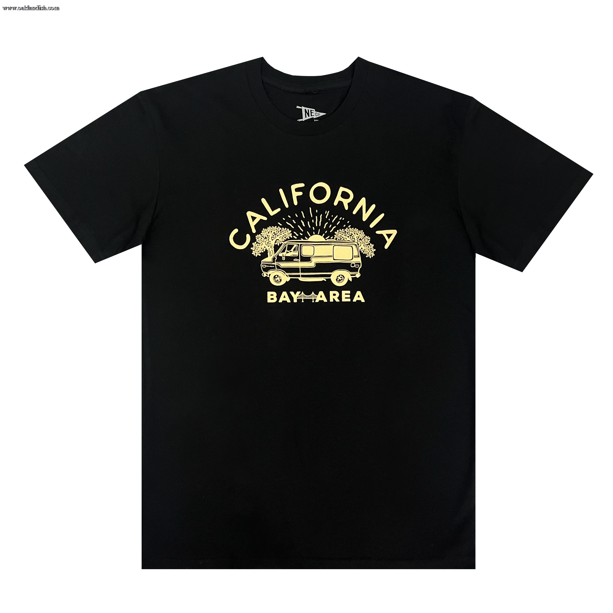 The Wavy Nostalgia Tee by Never Elsewhere is a black T-shirt made from 100% cotton, featuring a vibrant yellow graphic of a van surrounded by trees with fireworks in the background. The text "CALIFORNIA" arches above the van, and "BAY AREA" is boldly written below it.