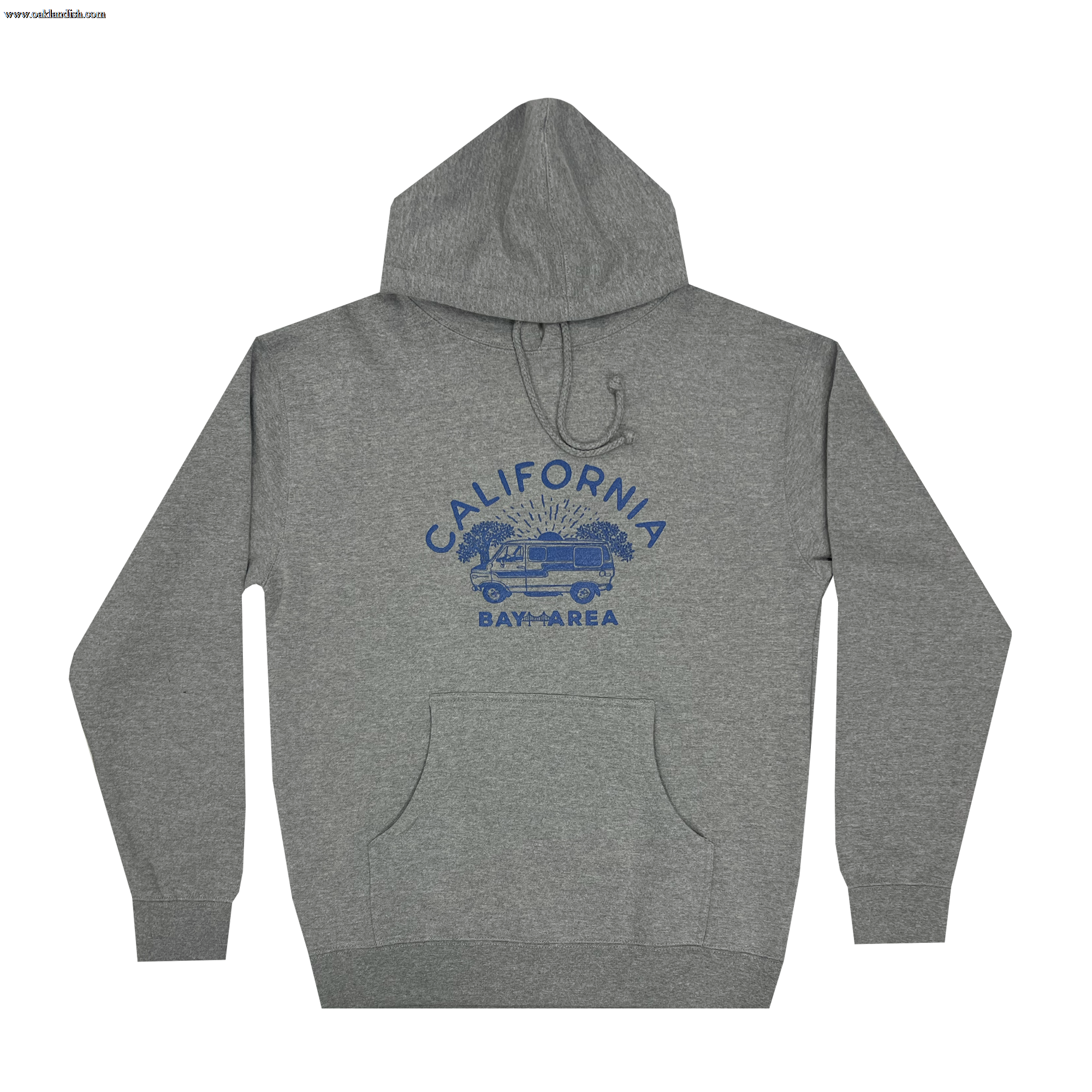 The Wavy Nostalgia Hoodie by Never Elsewhere is a Gunmetal Heather pullover with a front pocket, featuring a blue design in the center that includes the words "California Bay Area" above an image of a van surrounded by palm trees. This men's sizing sweatshirt is completed with visible drawstrings and ribbed cuffs and waistband.