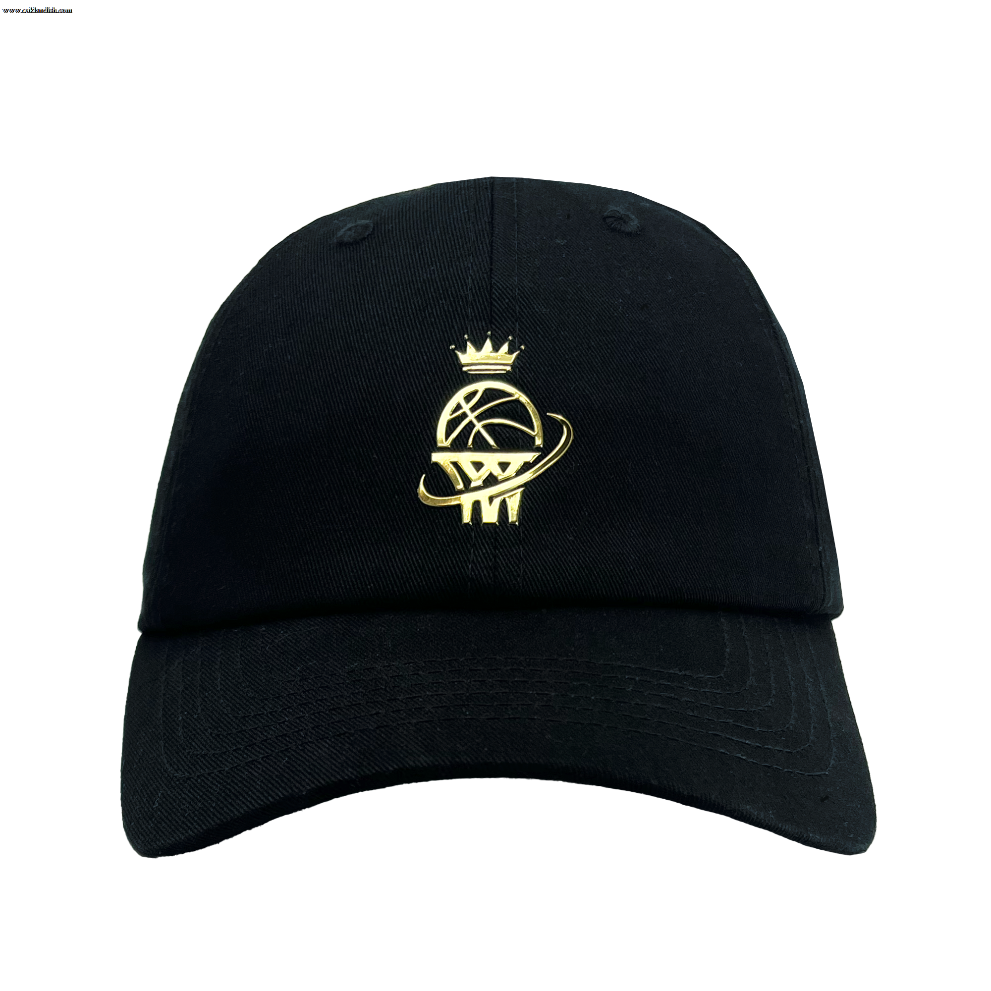Introducing the WPBA Dad Hat by Oaklandish: a black baseball cap featuring a gold embroidered design on the front. This stylish accessory showcases a stylized basketball with a crown on top, encircled by an orbit-like ring, exuding empowerment. Perfect for fans of the Women's Premier Basketball Association, it includes a curved brim and six panels with small ventilation holes for added comfort.