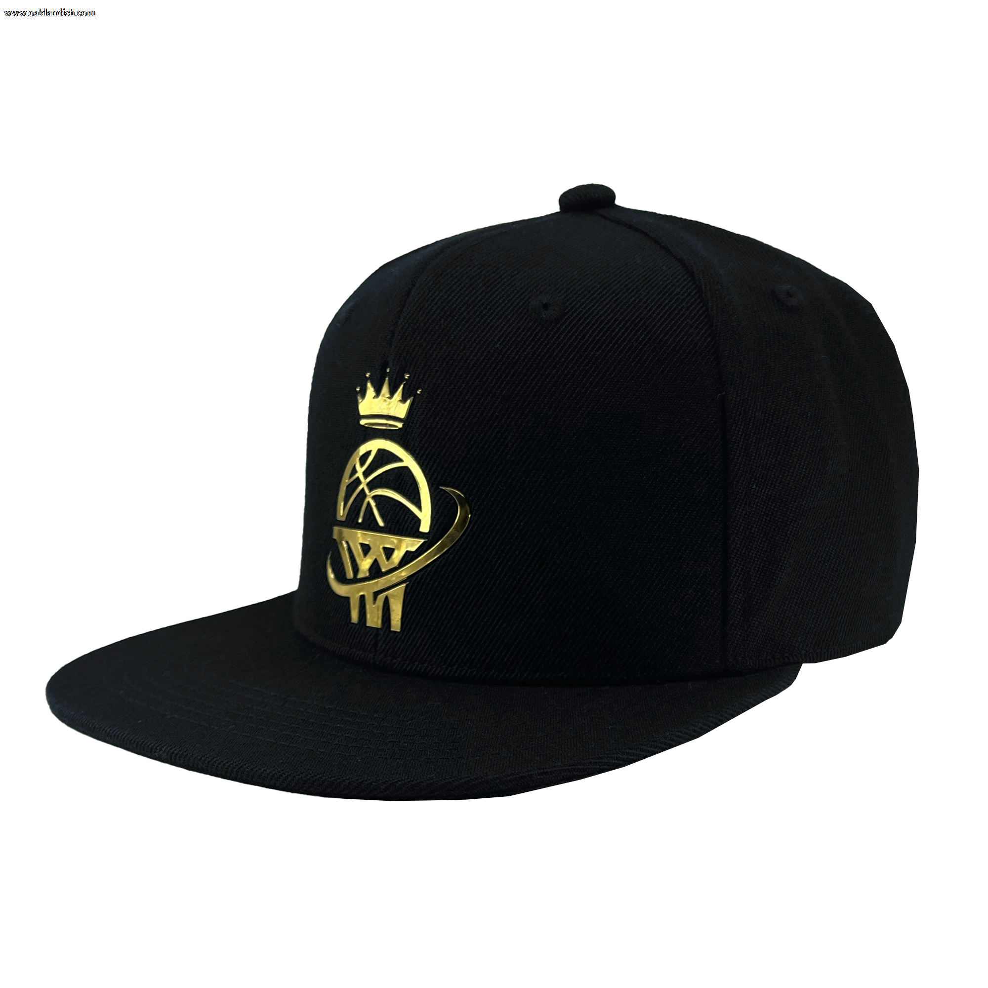 Side angled view of a black snapback hat with gold WPBA logo on the front crown.