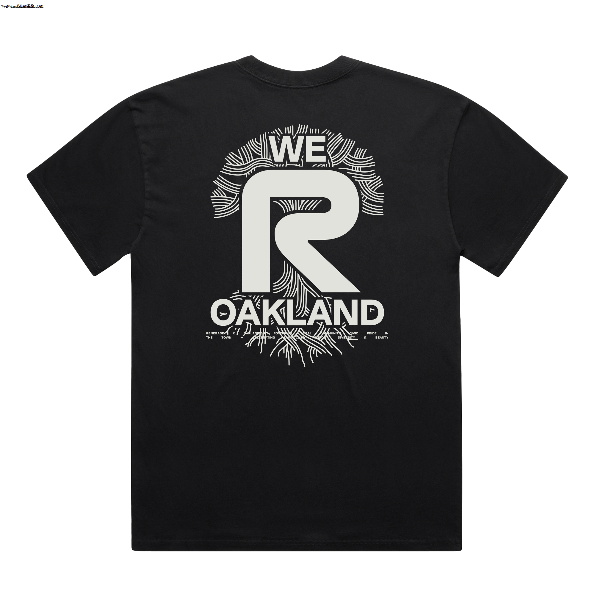 The Oaklandish We R Oakland Tee is a black classic fit shirt with a bold white “WE R OAKLAND” design and dynamic radiating lines on the back, inspired by the running community and Renegade Running spirit.