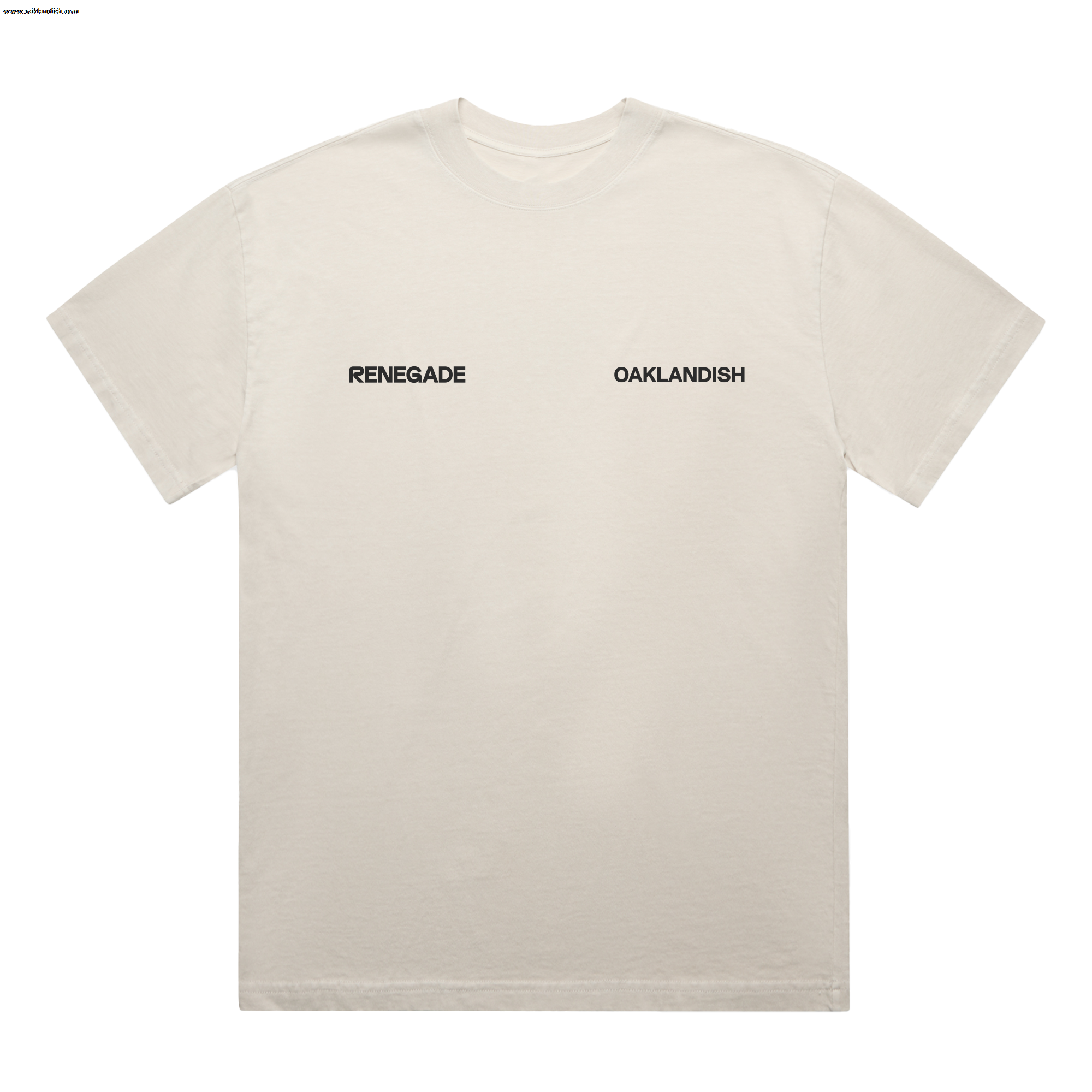The Oaklandish We R Oakland Tee is a classic fit, light beige t-shirt shown laid flat. Small black text reads "RENEGADE" on the left chest and "OAKLANDISH" on the right, celebrating Oakland’s running community. No other graphics are visible.