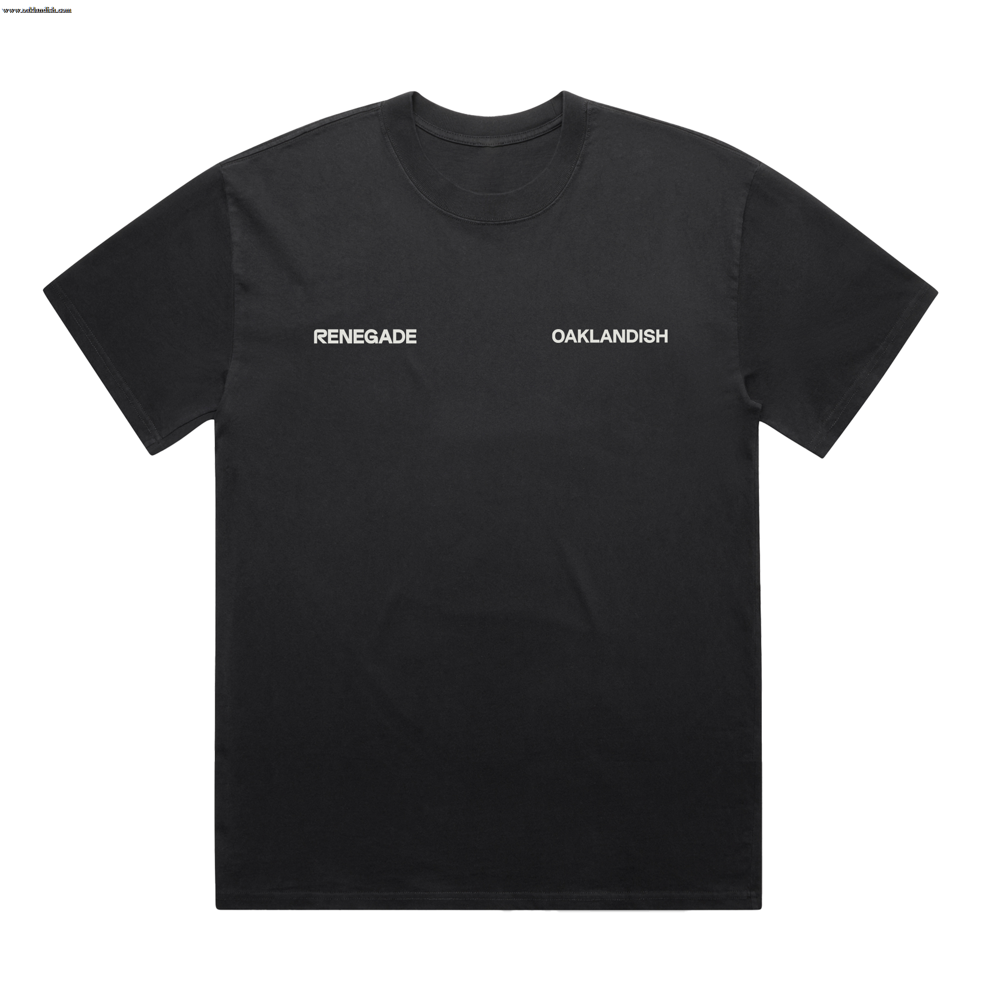 A classic fit We R Oakland Tee by Oaklandish laid flat on a white background, featuring bold “RENEGADE” and “OAKLANDISH” text—a tribute to Renegade Running and Oakland’s running community.