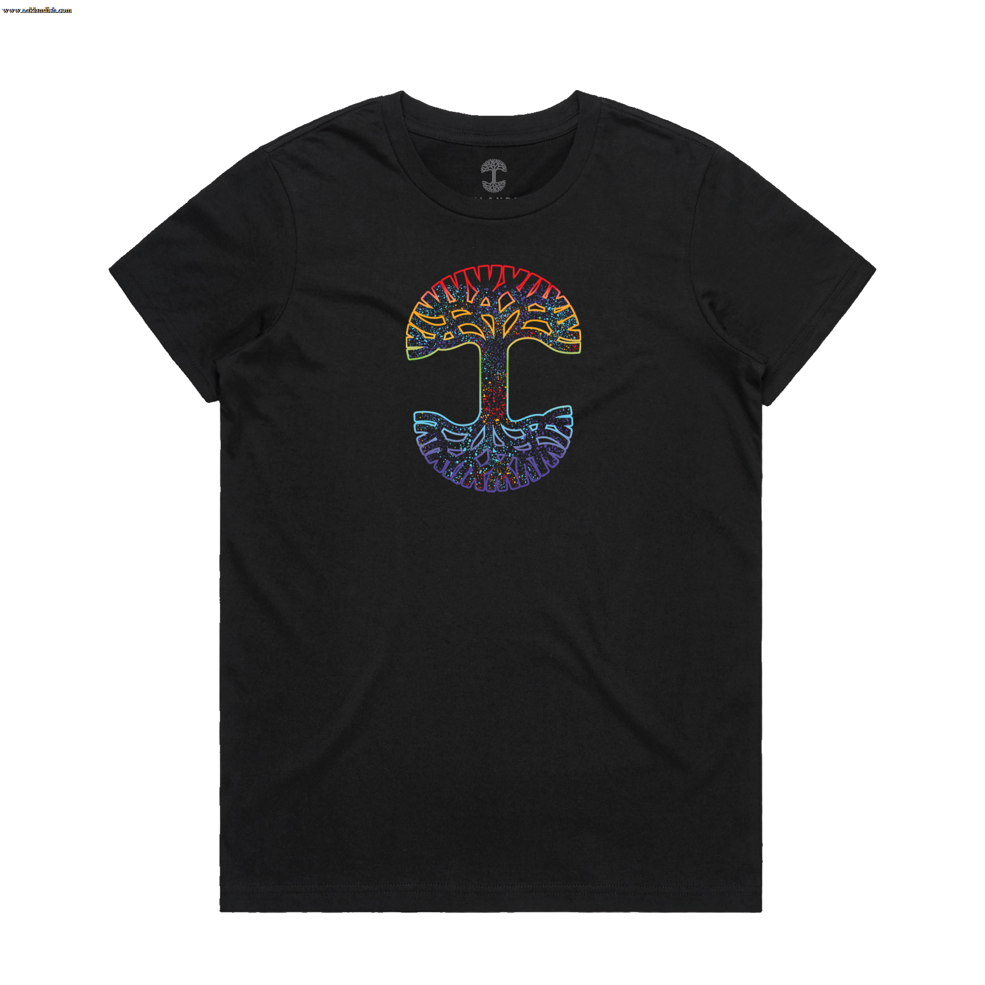 The Women's Prism Tee by Oaklandish is a black, 100% cotton T-shirt featuring a colorful symmetrical tree design with bright rainbow roots and branches. It has a classic fit and is showcased flat on a white background.