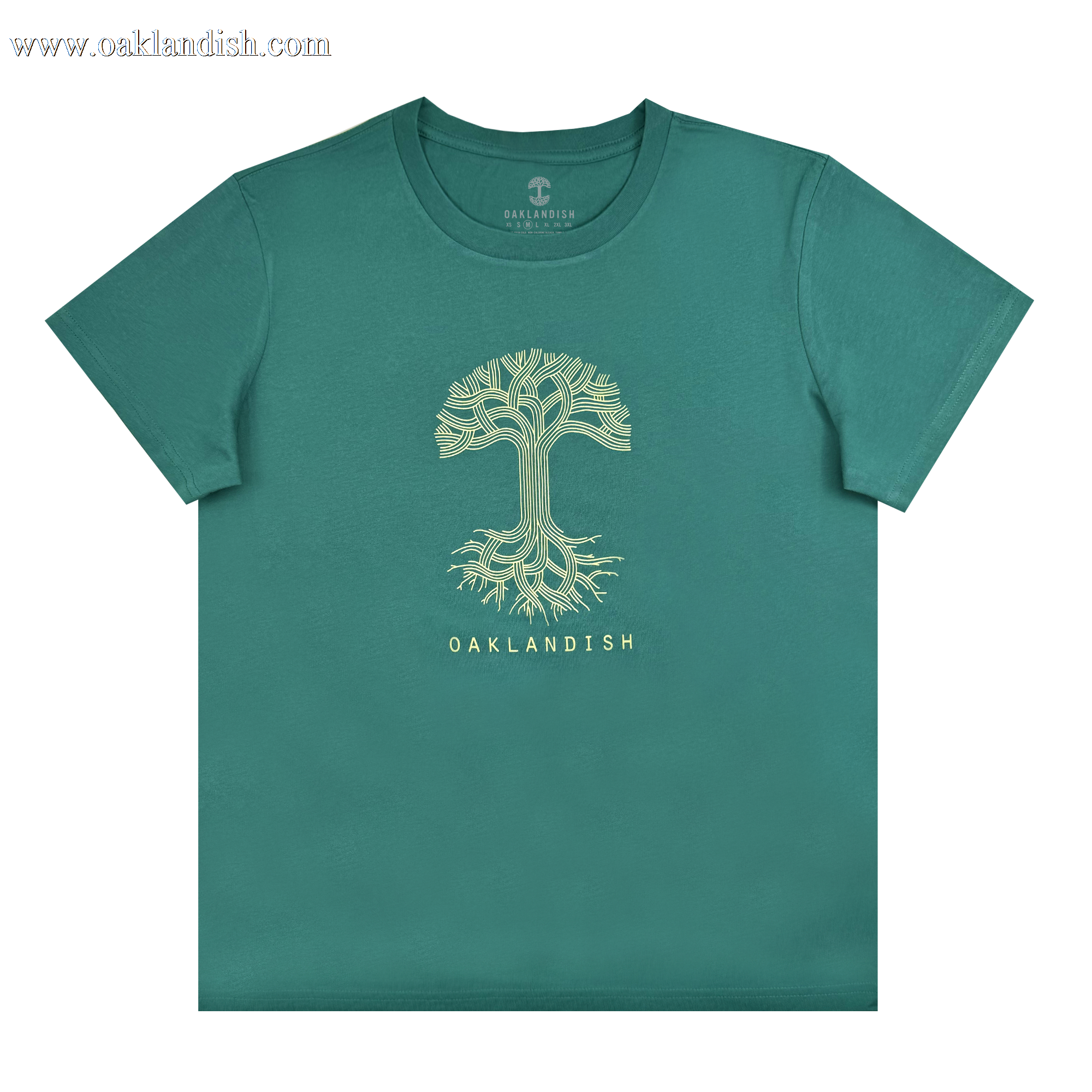 The Women's Oaklandish Classic Logo Tee by Oaklandish is a green, 100% cotton t-shirt featuring a stylized tree design with intricate pale yellow branches and the "OAKLANDISH" logo. It has a classic fit, round neckline, and short sleeves.
