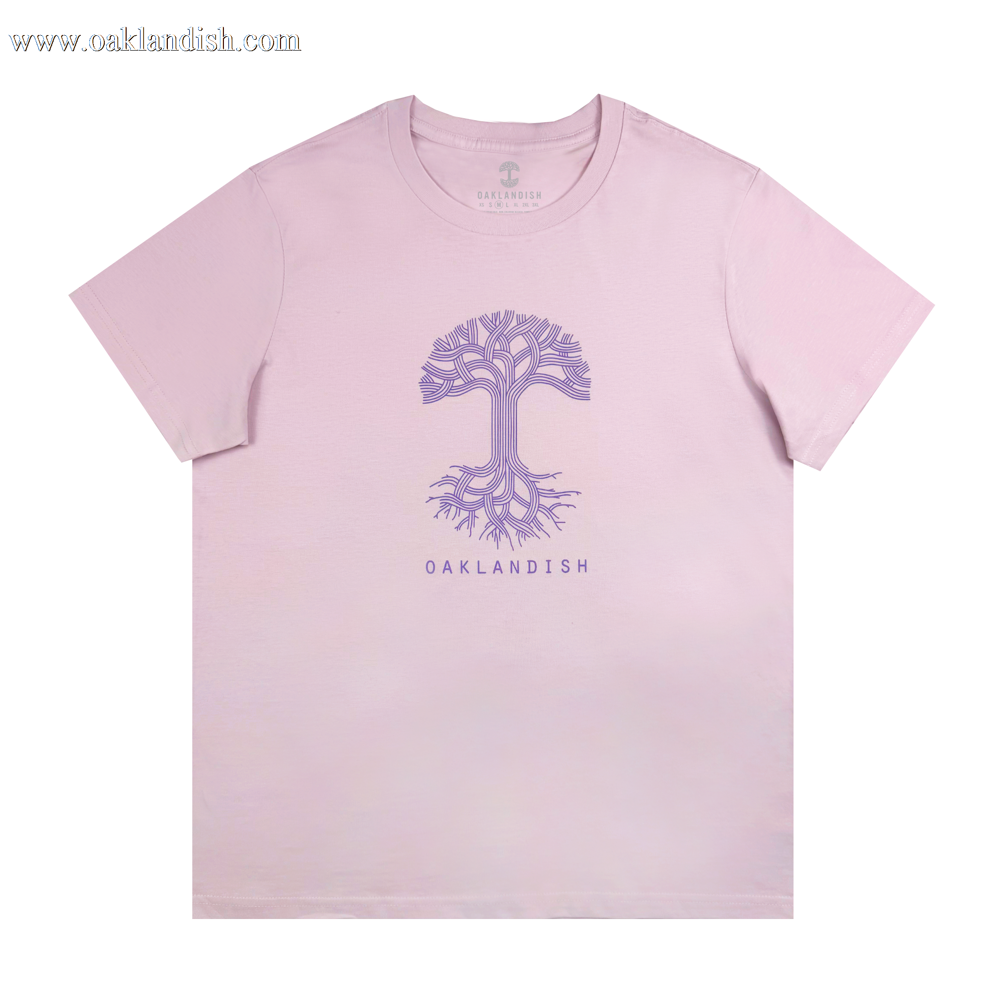 The Women's Oaklandish Classic Logo Tee, a 100% cotton light orchid pink t-shirt, displays a stylized purple tree with intricate roots and branches centered above "OAKLANDISH" in purple.