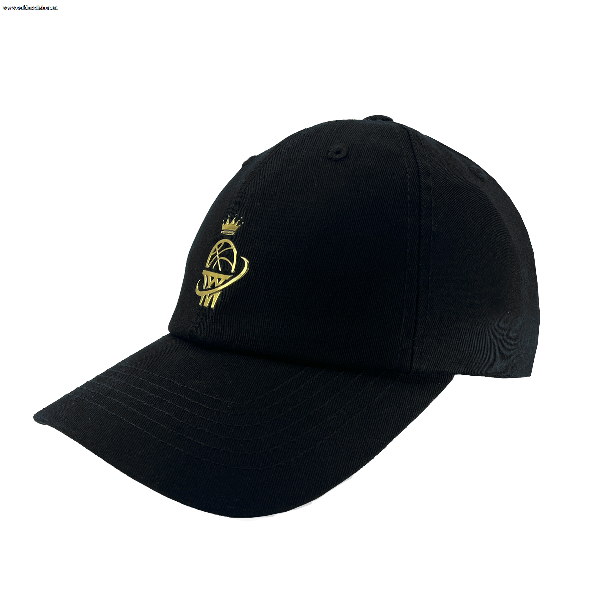 The WPBA Dad Hat by Oaklandish is a black cotton baseball cap with a curved brim, featuring a gold embroidered logo on the front. The logo showcases a stylized combination of a crown and basketball intertwined with the letters "SW," representing the Women's Premier Basketball Association's commitment to empowering women in sports.