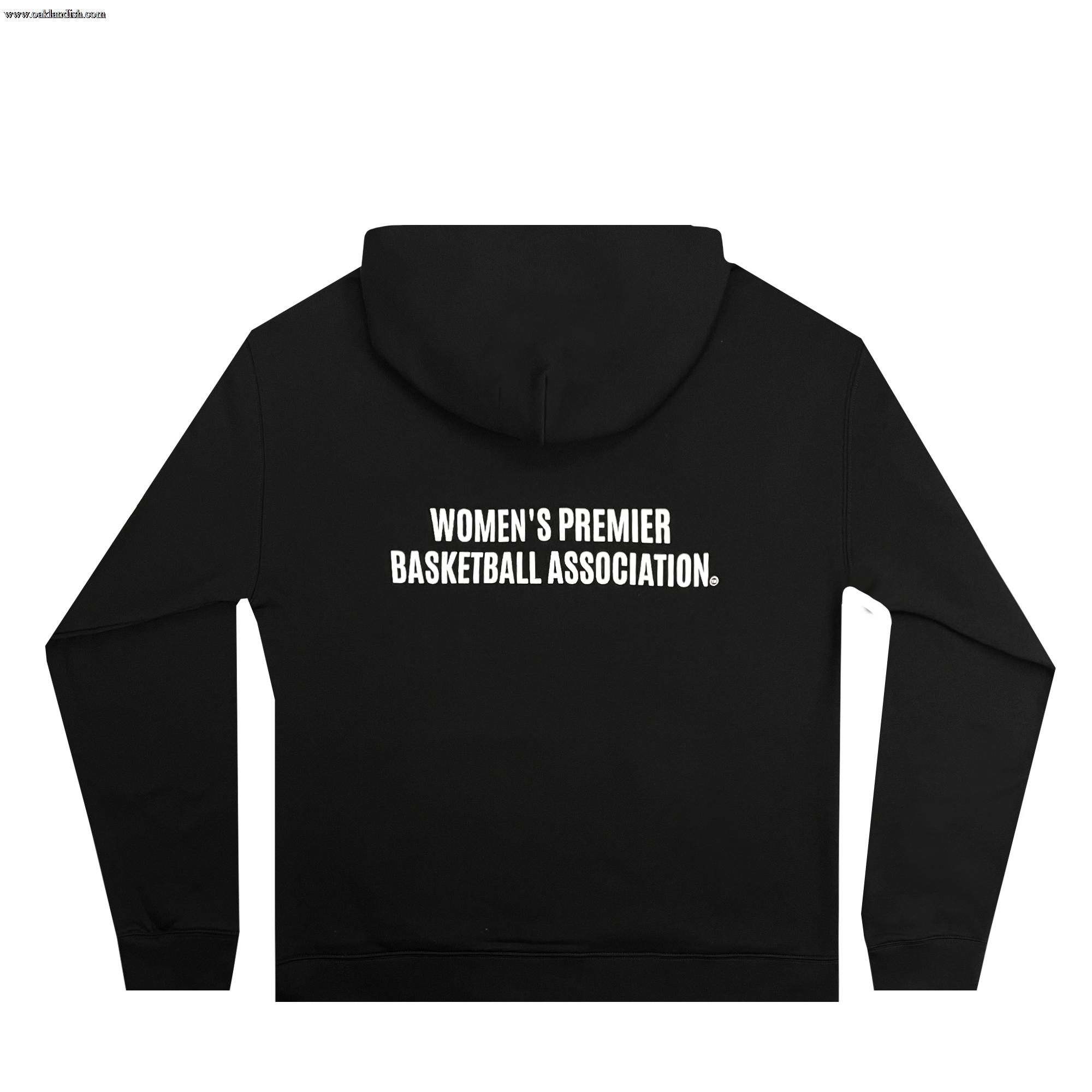 A black WPBA Core Hoodie from Oaklandish is displayed from the back. "Women's Premier Basketball Association" is printed in bold white capital letters on the back, centered below the hood. The hoodie features long sleeves and a casual design, perfect for women's sports or leisurewear, radiating empowerment.
