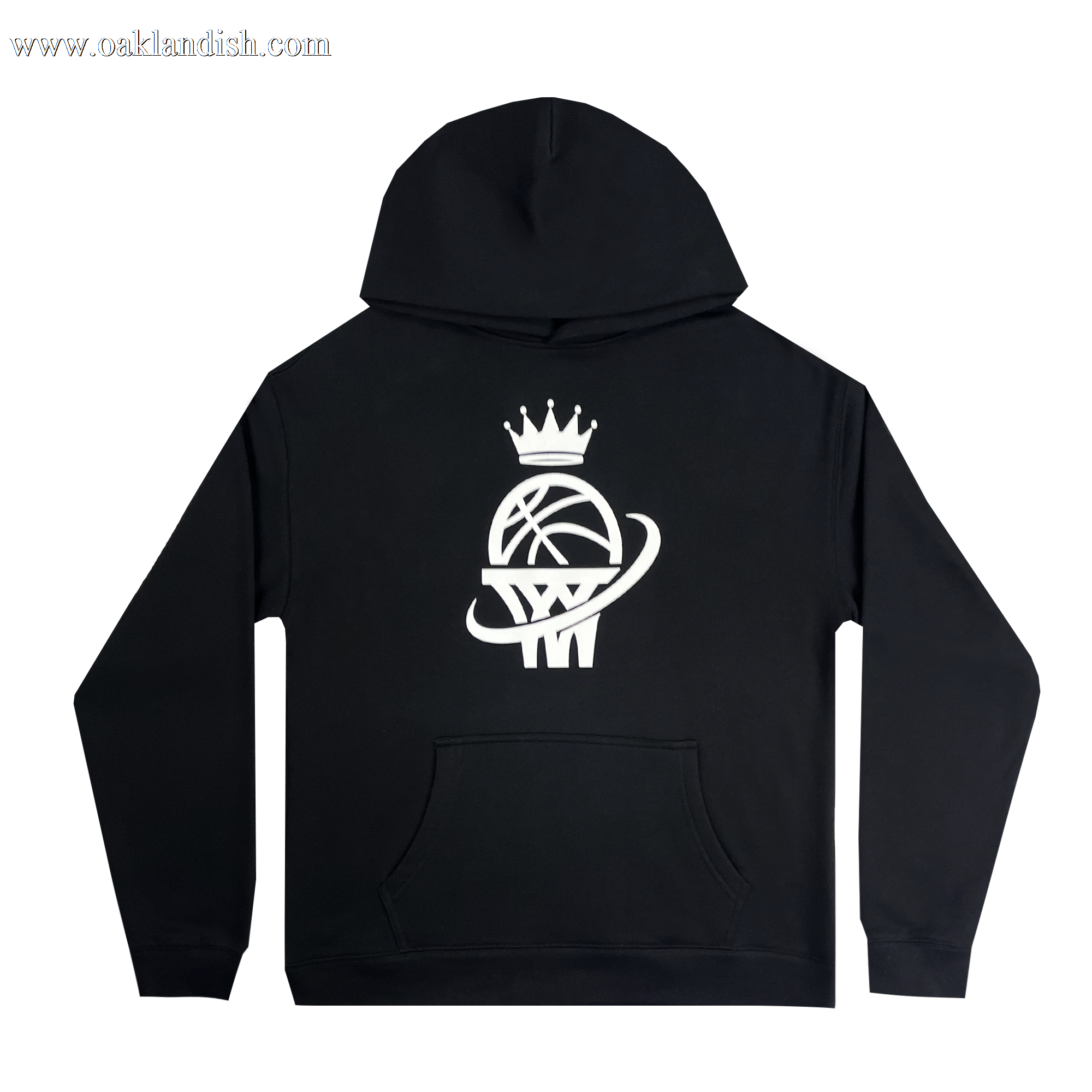 The WPBA Core Hoodie by Oaklandish is a black hoodie featuring a striking, large white logo on the back, representing the Women's Premier Basketball Association with its crowned basketball and overlapping hoop design. It includes a front pouch pocket and a drawstring hood, making it perfect for showing support for women's sports.