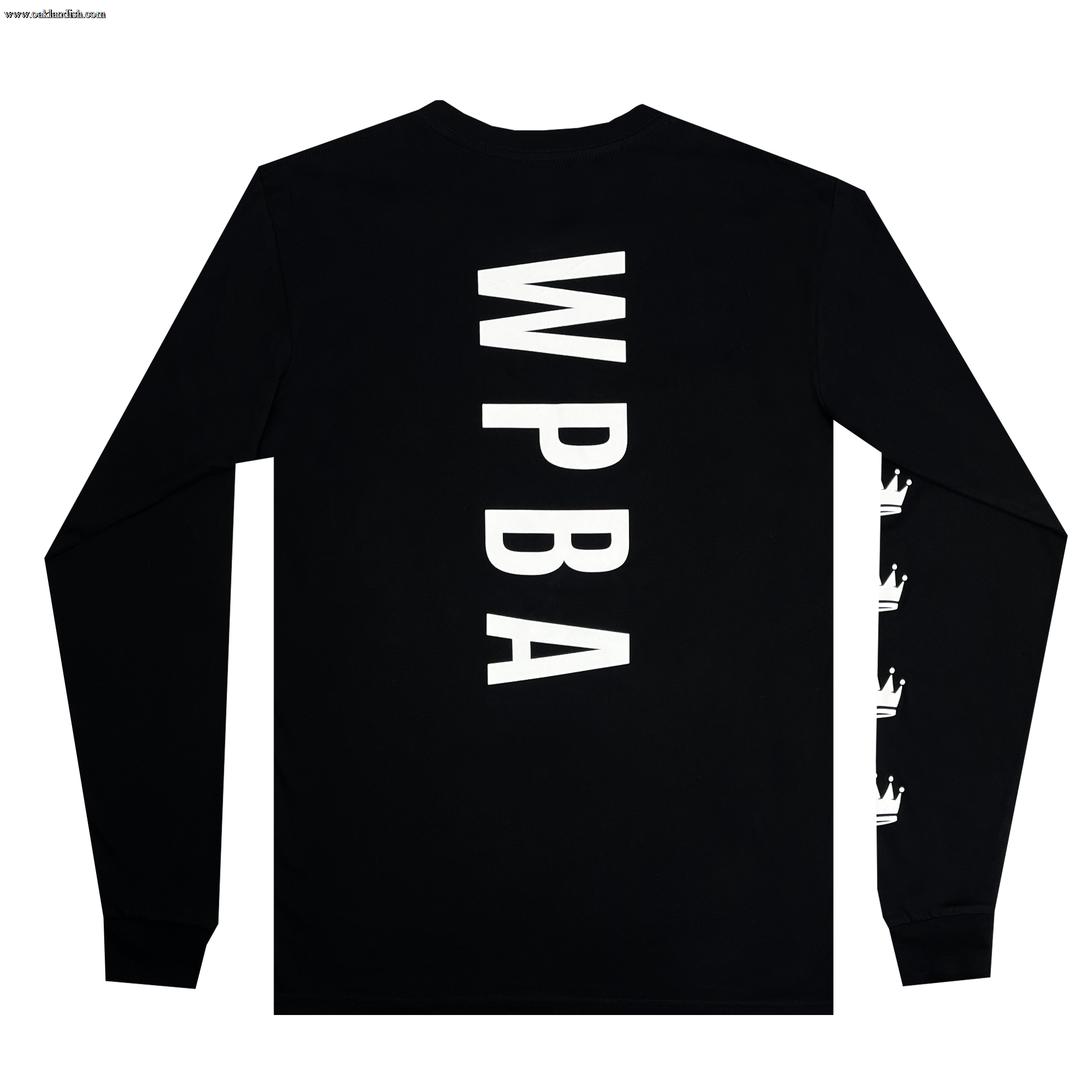The WPBA Core LS Tee by Oaklandish is showcased in black. The back of this long-sleeve shirt features large white, vertically-aligned letters "WPBA," representing the Women's Premier Basketball Association. On the right sleeve, three white crowns are aligned horizontally near the cuff. The shirt has a simple and minimalist design that exudes empowerment in women's sports.