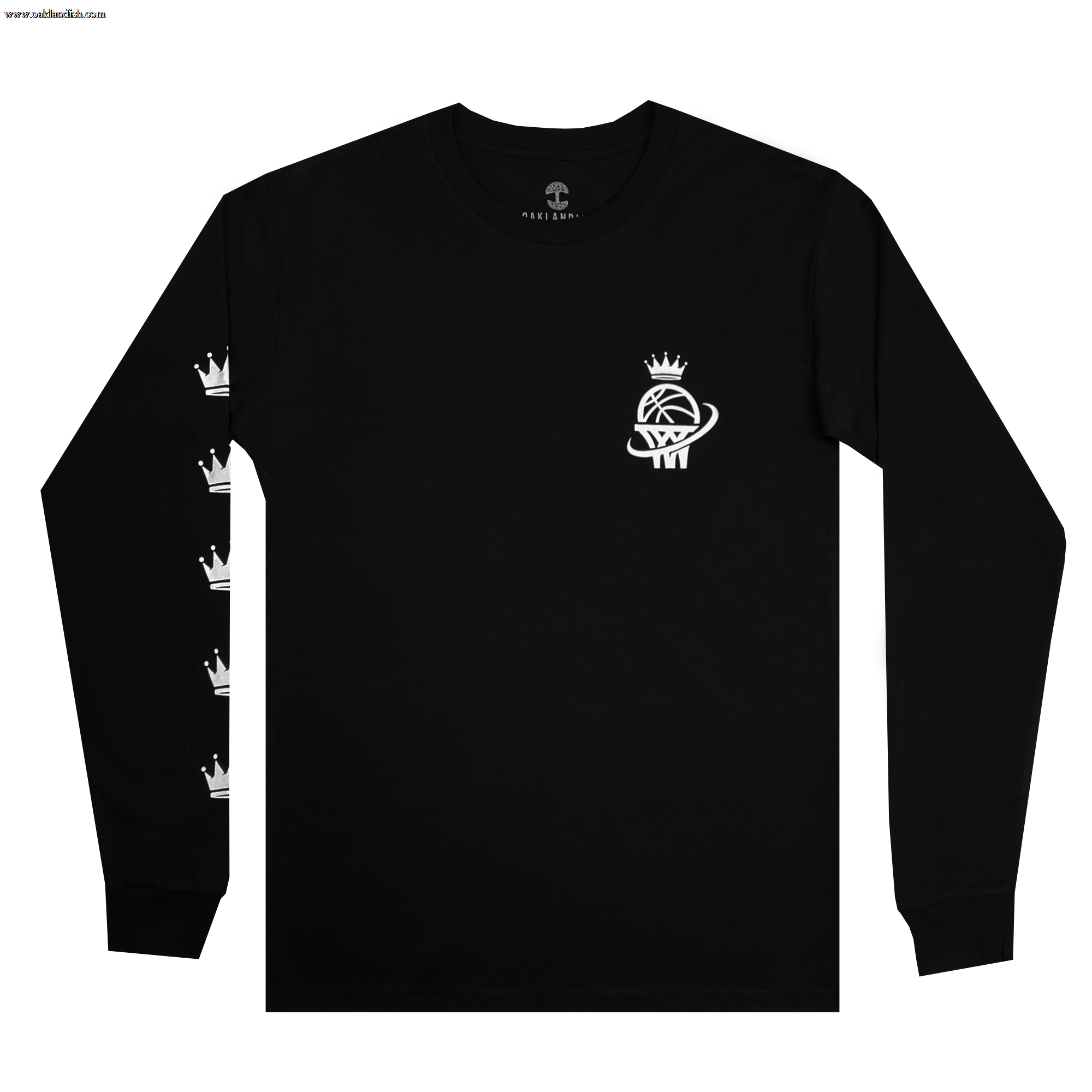 The Oaklandish WPBA Core LS Tee is a black long-sleeve shirt adorned with a small white logo on the left chest—a basketball crowned and winged, symbolizing women's sports empowerment. The left sleeve features the same emblem in smaller, vertically aligned versions.