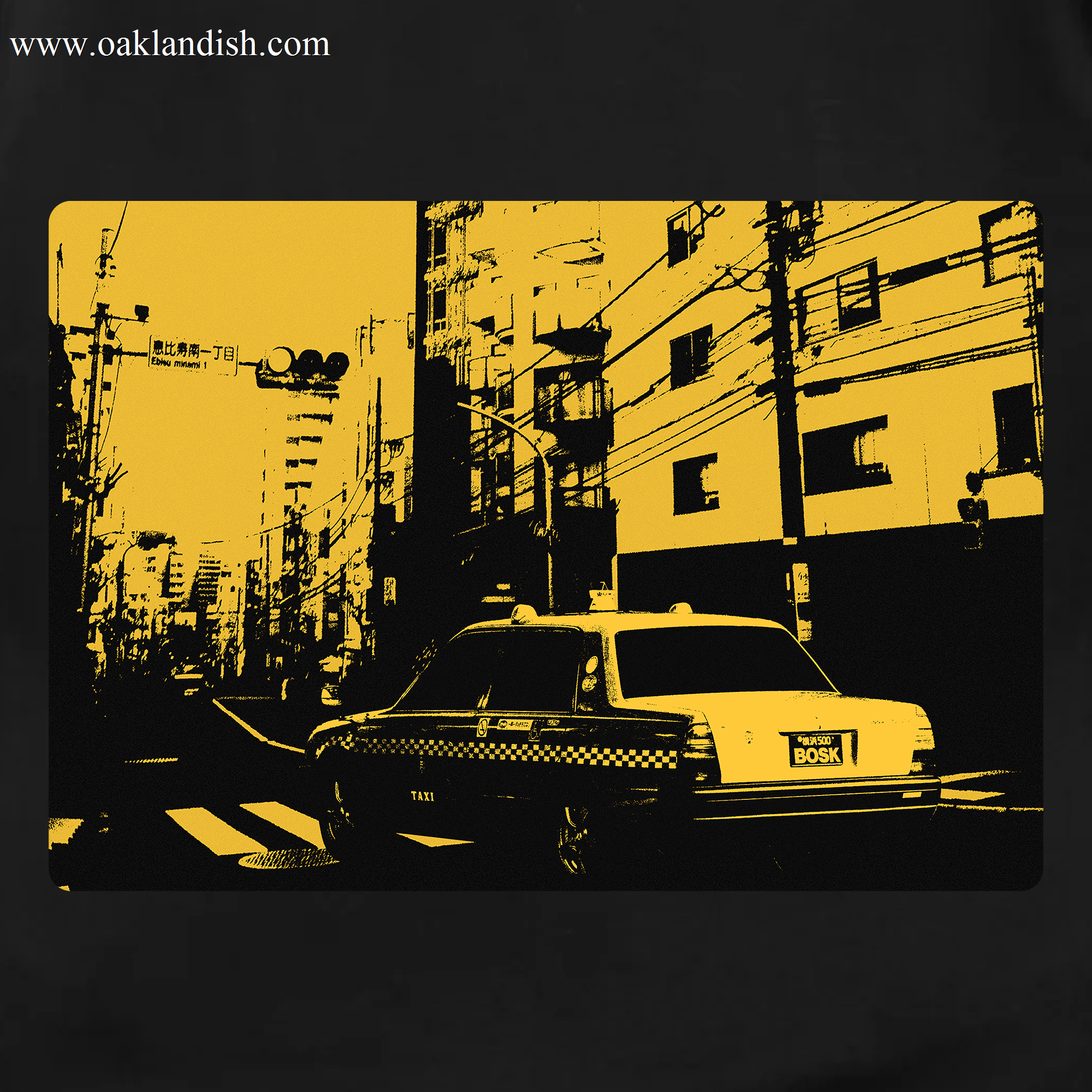 The BOSK Yellow Cab Tee features a stylized yellow-and-black city street with a BOSK taxi, buildings, and Japanese signs. Made from 100% cotton in a classic fit, it’s the perfect t-shirt to add urban flair to your wardrobe.