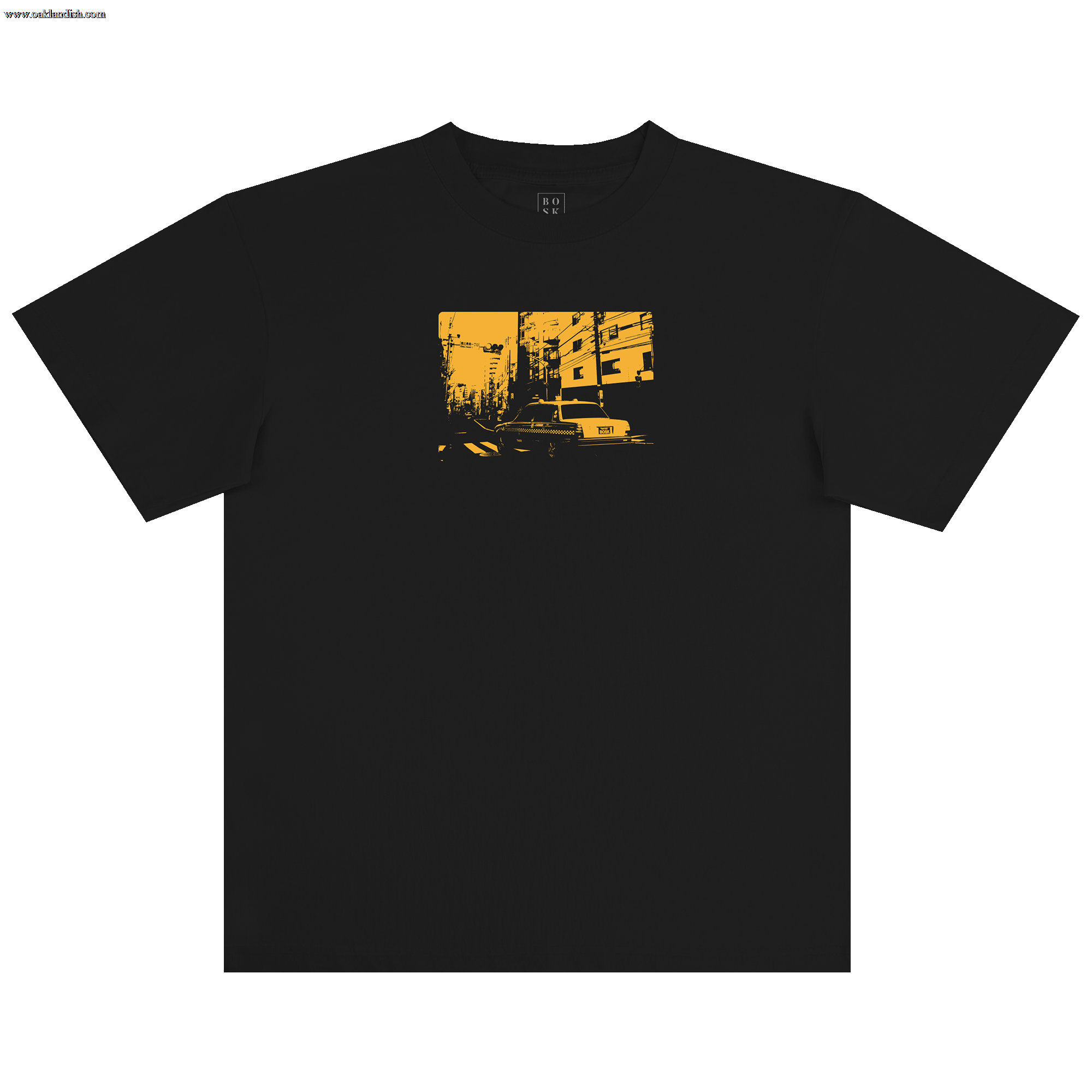 The BOSK Yellow Cab Tee is a black, classic fit t-shirt made from 100% cotton, featuring a bold, minimalist yellow graphic of an urban street scene with buildings, trees, and a crosswalk.